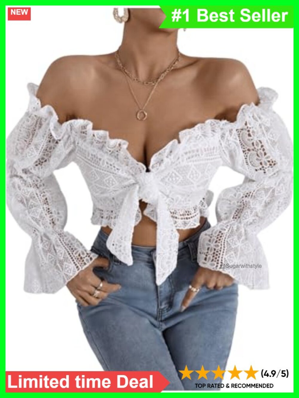 Lace Crop Top Deep V Neck Ruffle Bell Sleeve Tie Front Blouse